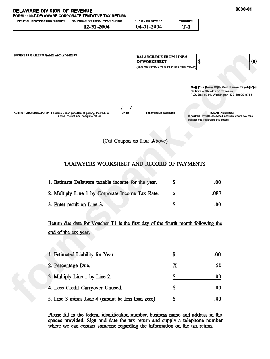 Form 1100 T Delaware Corporate Tentative Tax Return 2004 Printable 