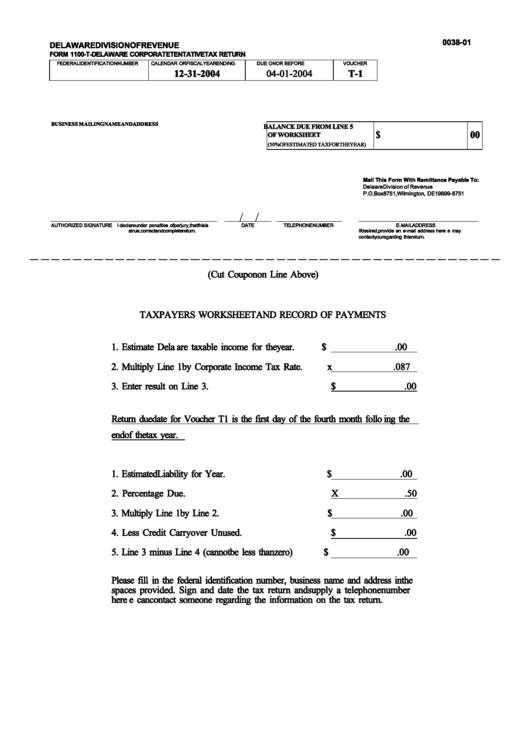 Form 1100-T - Delaware Corporate Tentative Tax Return - 2004 Printable pdf