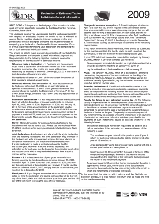 Form It-540es(I) - Declaration Of Estimated Tax For Individuals General Information - 2009 Printable pdf