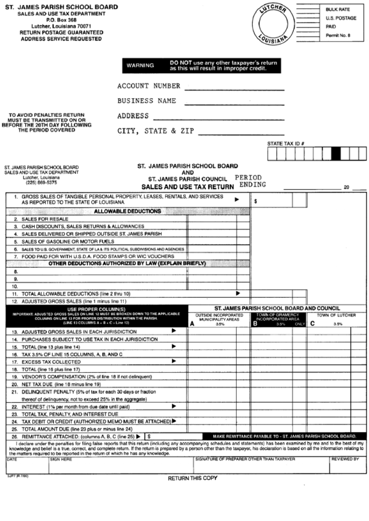 Form Sjp-7 - Sales And Use Tax Return Form - St. James Parish Printable pdf