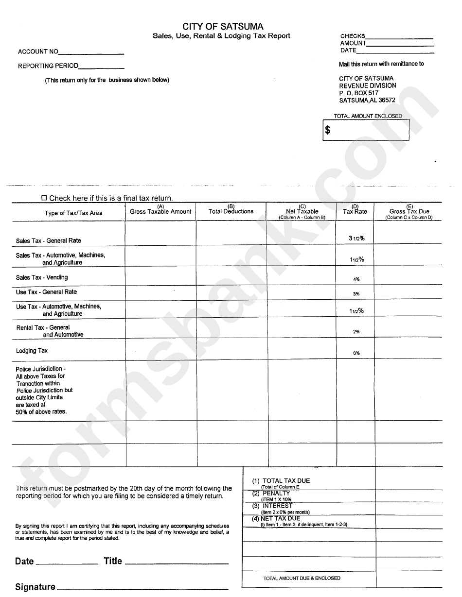 Sales, Use, Rental And Lodging Tax Report - City Of Satsuma