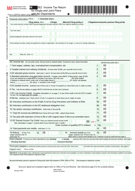 Form D-40ez - Income Tax Return For Single And Joint Filers With No Dependents - 2008