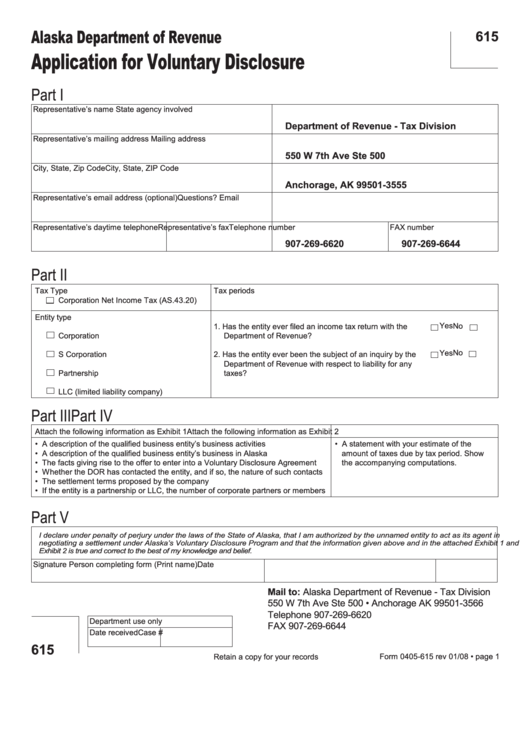 Form 615 - Application For Voluntary Disclosure Printable pdf