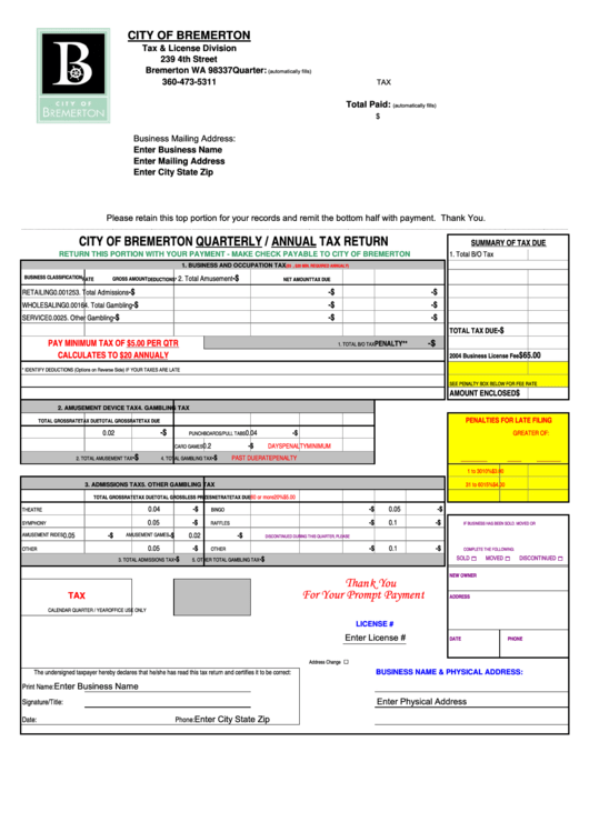 Quarterly / Annual Tax Return - City Of Bremerton Printable pdf