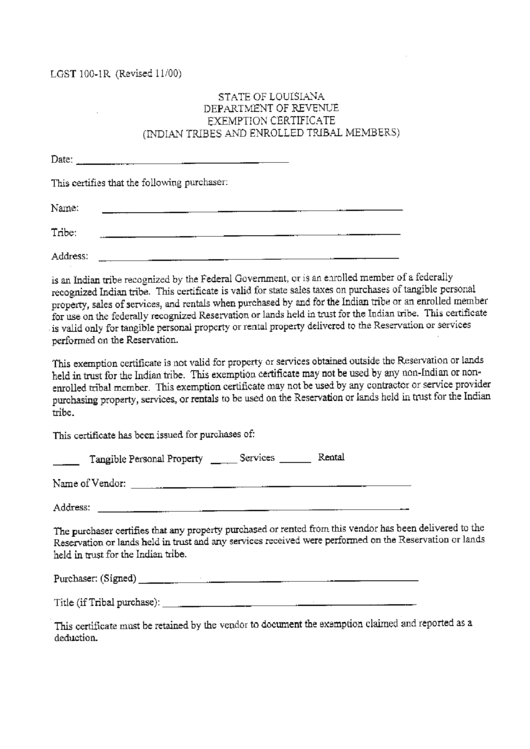 Form Lgst 100-Ir - Exemption Certificate Printable pdf