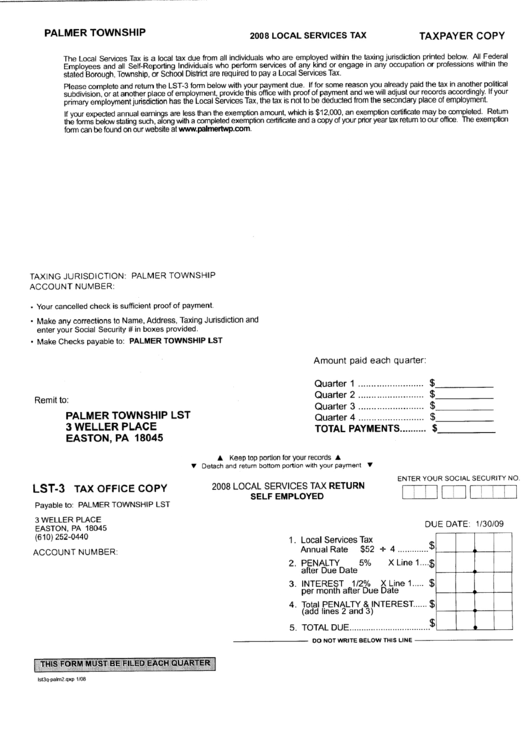 Form Lst 3 - Local Services Tax Return - Self-Employed - Palmer Township, 2008 Printable pdf
