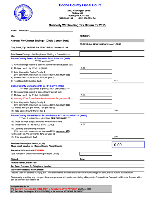 Fillable Form 1906 - Quarterly Withholding Tax Return - 2015 Printable pdf