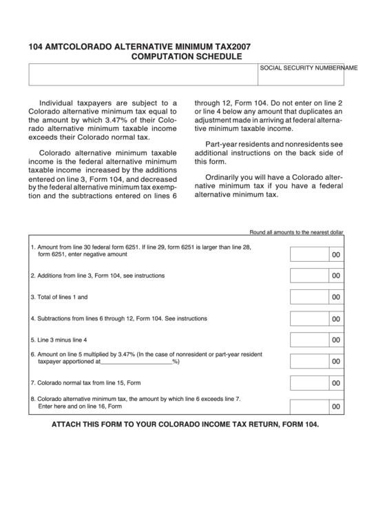 Fillable Form 104 Amt - Colorado Alternative Minimum Tax Computation Schedule - 2007 Printable pdf