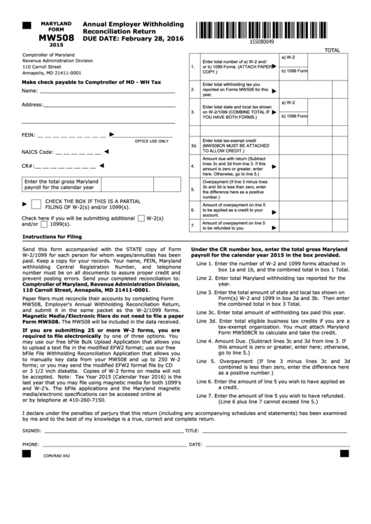 Fillable Form Mw508 - Annual Employer Withholding Reconciliation Return - 2015 Printable pdf