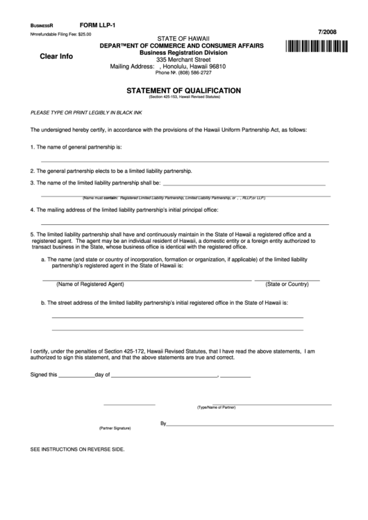Fillable Form Llp-1 - Statement Of Qualification Printable pdf