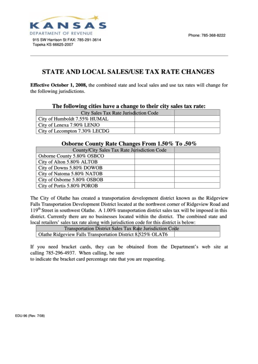 Form Edu-96 - State And Local Sales/use Tax Rate Changes Printable pdf