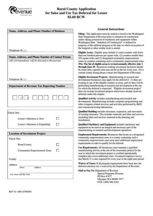 Form Rev 81 1008 - Rural County Application For Sales And Use Tax Deferral For Lessor 82.60 Rcw - 2009 Printable pdf