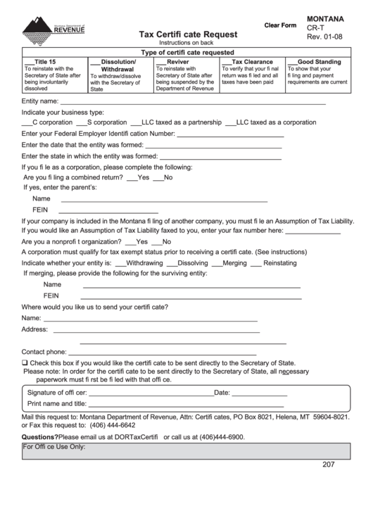 Fillable Form Cr-T - Tax Certifi Cate Request Printable pdf
