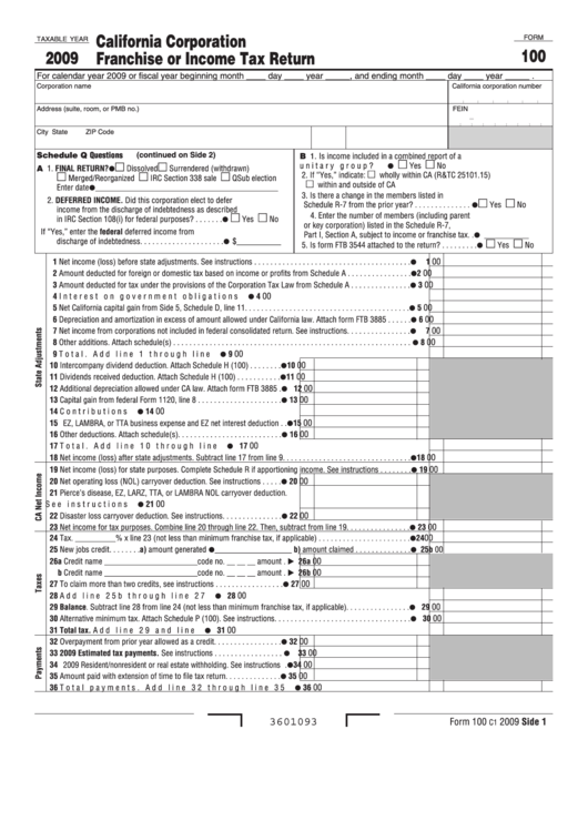 Fillable Form 100 - California Corporation Franchise Or Income Tax Return - 2009 Printable pdf