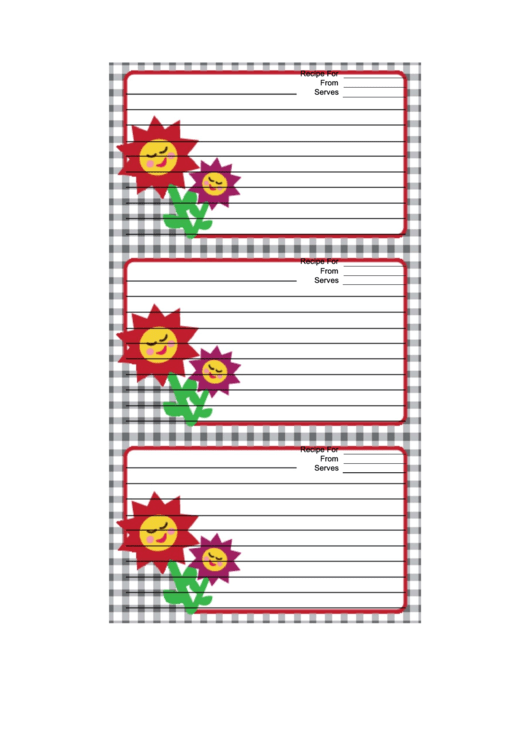 Flowers Black Gingham Recipe Card Template Printable pdf