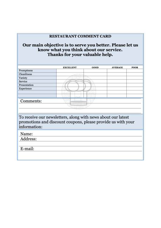 Restaurant Comment Card Printable pdf
