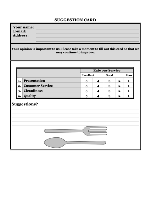 Restaurant Suggestion Card Printable pdf