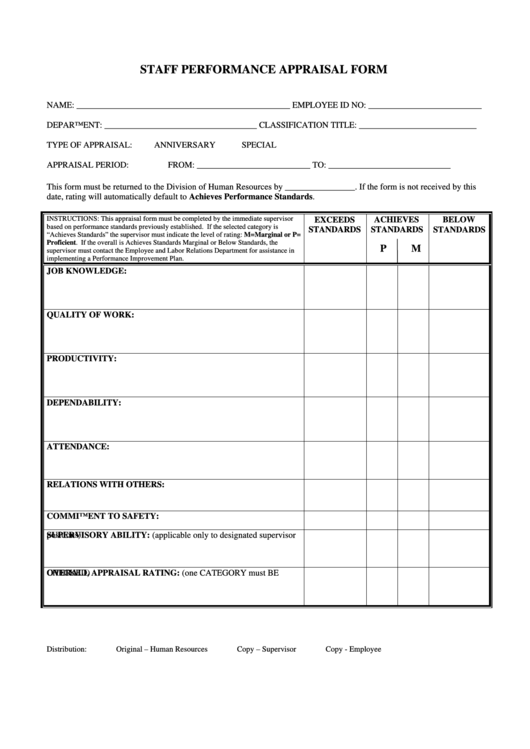Fillable Staff Performance Appraisal Form Printable pdf
