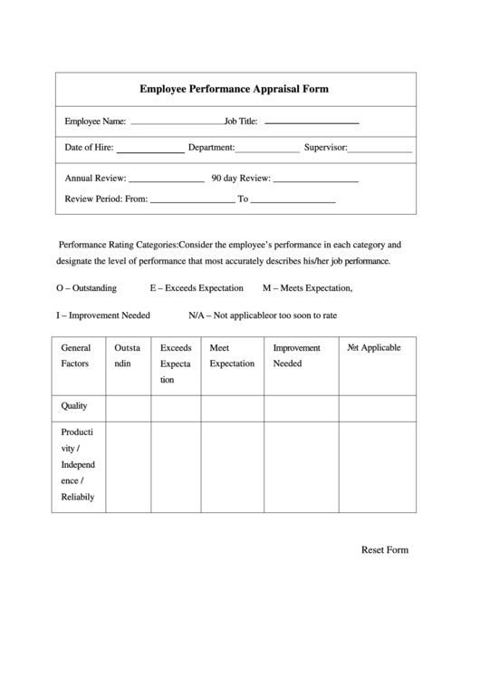 Fillable Employee Performance Appraisal Form Printable pdf