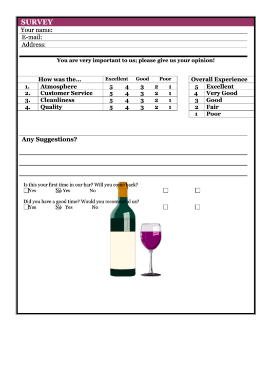 Bar Survey Card Template Printable pdf