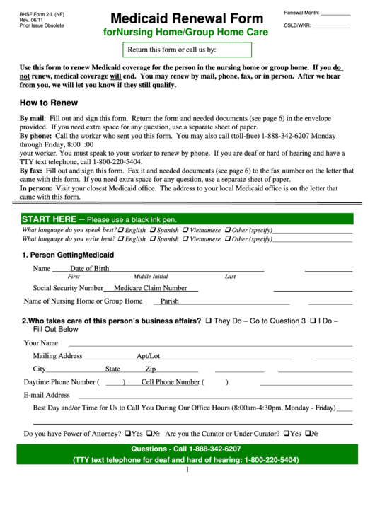 Bhsf Form 2-L (Nf) - Medicaid Renewal Form For Nursing Home/group Home Care Printable pdf