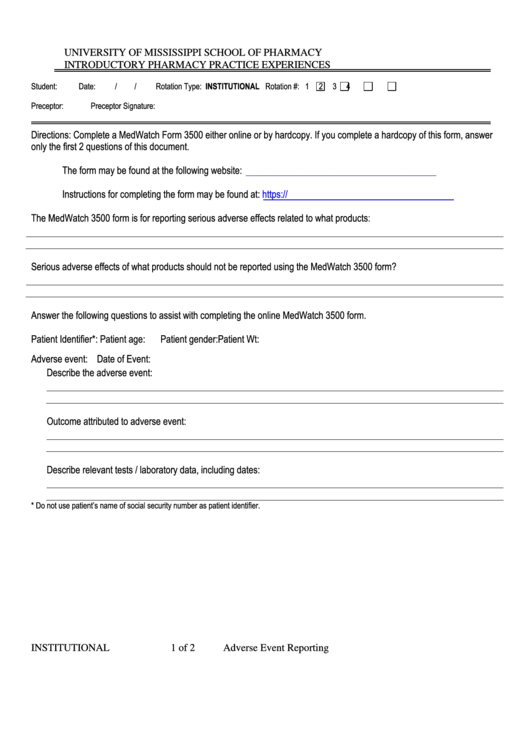 University Of Mississippi Medwatch Form 3500 Printable pdf