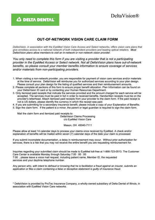 Out Of Network Vision Services Claim Form - 2013 Printable pdf