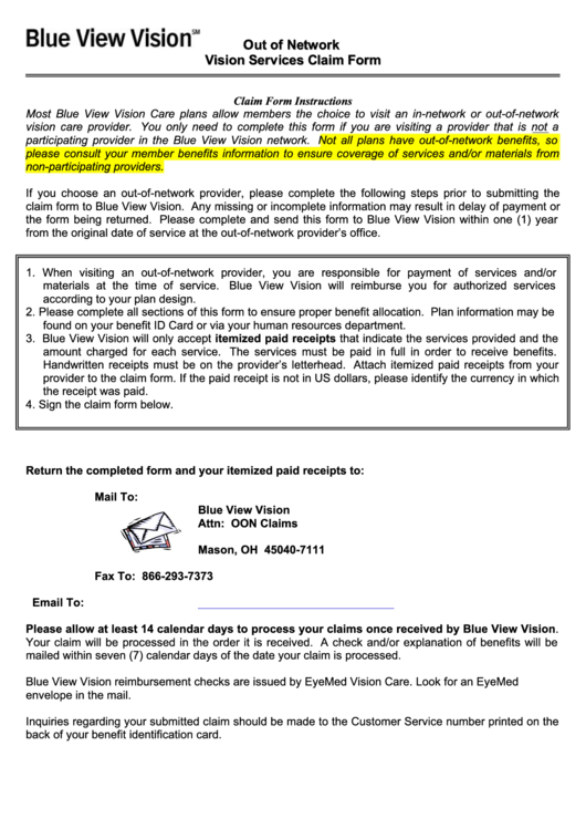 Vision Services Claim Form - 2011 Printable pdf