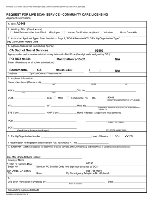 Fillable Form Lic 9163 - Request For Live Scan Service - Community Care Licensing Printable pdf