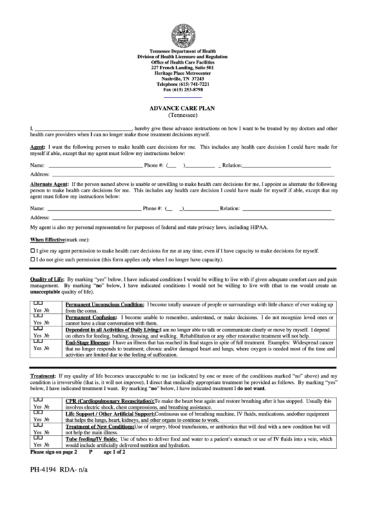 Fillable Form Ph-4194 - Advance Care Plan Printable pdf