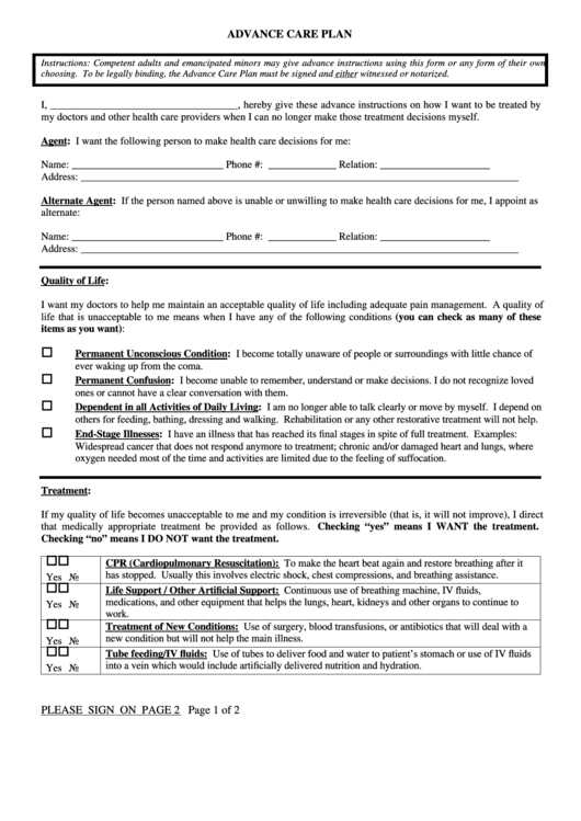 Advance Care Plan Form Printable pdf