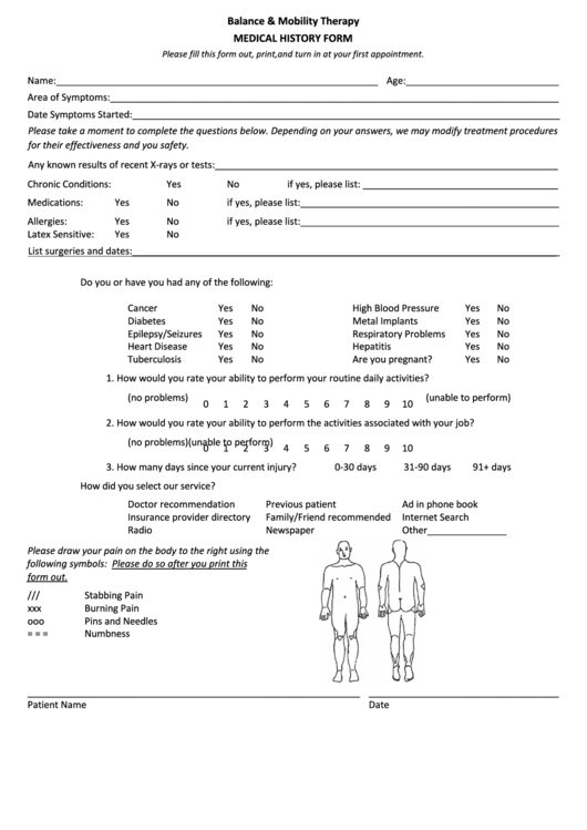 Fillable Balance & Mobility Therapy Medical History Form Printable pdf