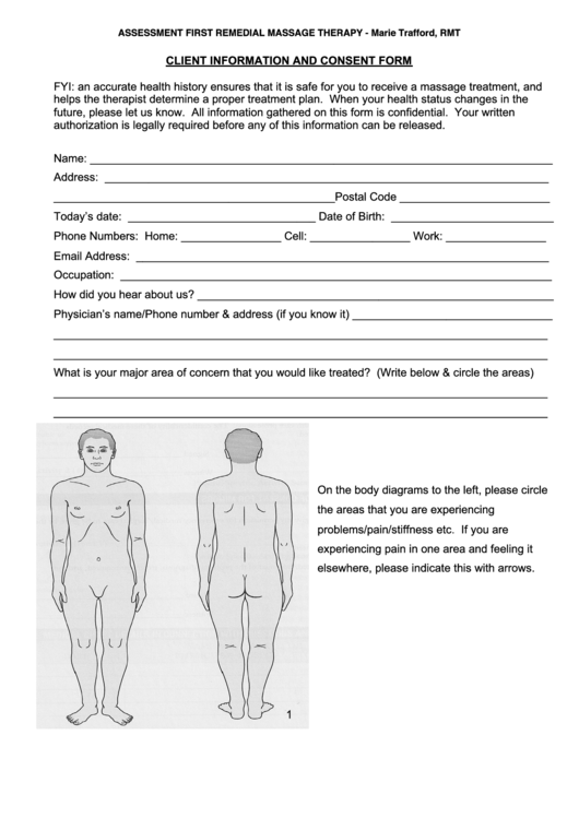 Assessment First Remedial Massage Therapy Client Information And Consent Form Printable pdf