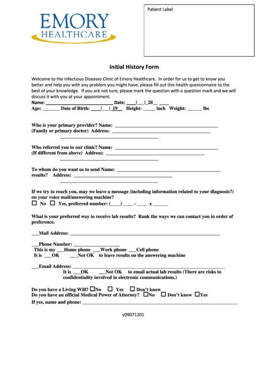 Emory Healthcare Initial History Form Printable pdf