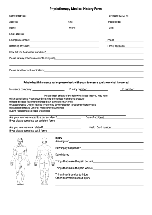 Physiotherapy Medical History Form Printable pdf