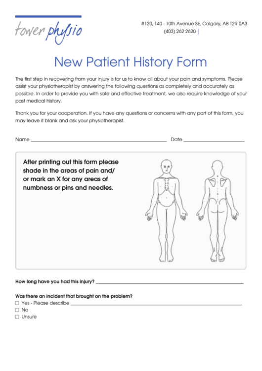 Fillable Tower Physio New Patient History Form Printable pdf