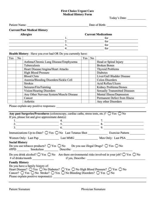 First Choice Urgent Care Medical History Form Printable pdf