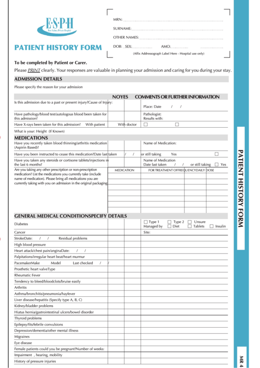 Esph Patient History Form Printable pdf