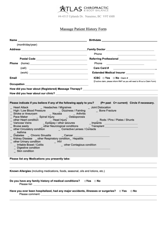Tlas Massage Patient History Form Printable pdf