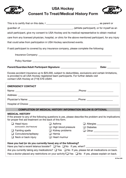 Fillable Usa Hockey Consent To Treat/medical History Form Printable pdf