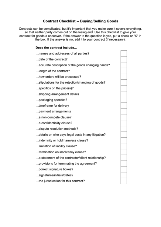 Contract Checklist - Buying Selling Goods Printable pdf