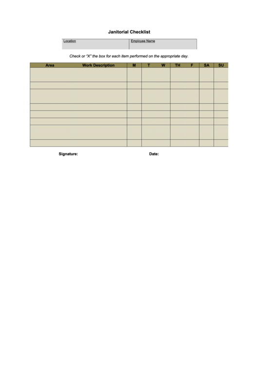 Janitorial Checklist Printable pdf