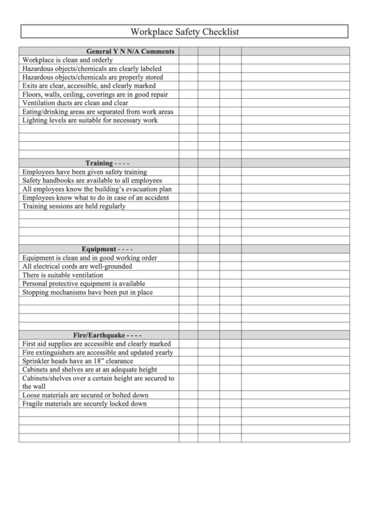 Workplace Safety Checklist Template Printable pdf