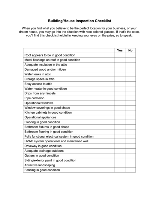 Building/house Inspection Checklist Template Printable pdf