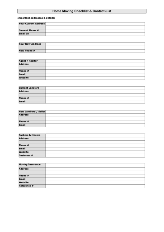 Home Moving Checklist & Contact List Printable pdf