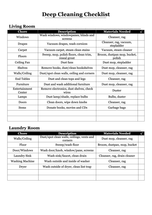 Deep Cleaning Checklist Printable pdf