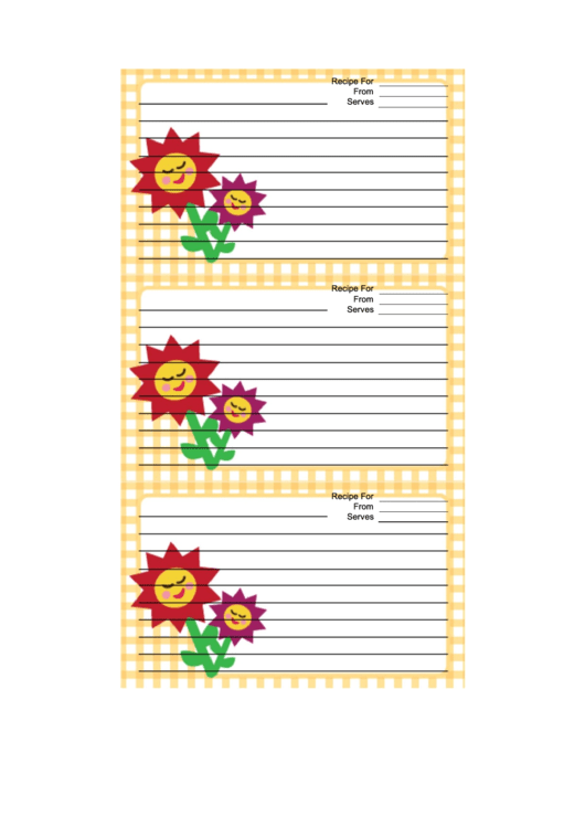 Flowers Yellow Gingham Recipe Card Template Printable pdf
