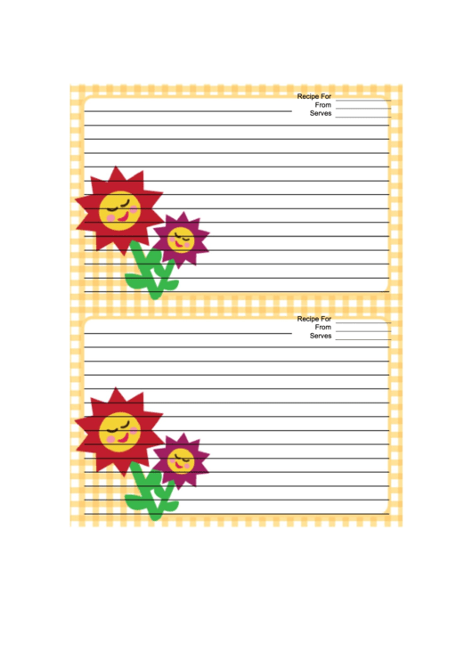 Flowers Yellow Gingham Recipe Card Template 4x6 Printable pdf