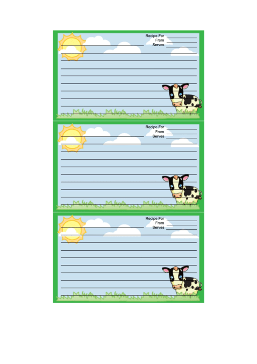 Cows Green Recipe Card Template Printable pdf