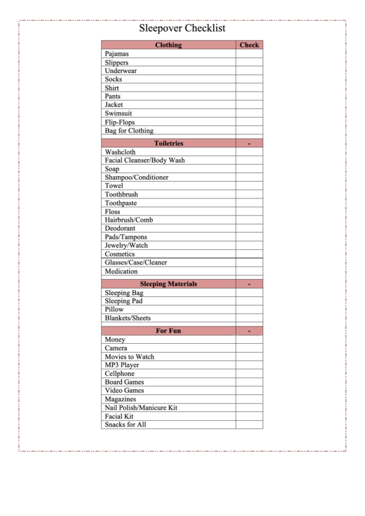 Sleepover Checklist Printable pdf